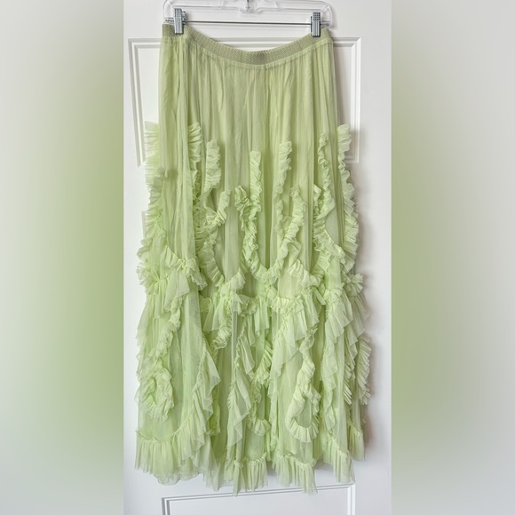 Anthropologie Lime Green Ruffle Tulle Midi Skirt Large Romantic Cottagecore - Picture 4 of 9